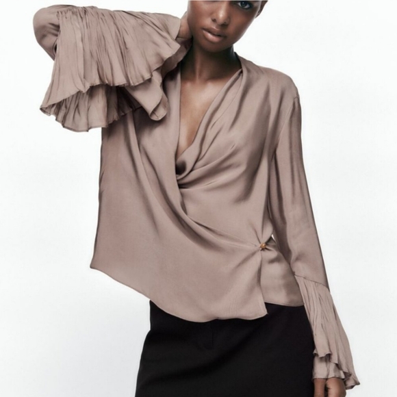 ZARA MINK BROWN TULIP‎ SLEEVE WRAP BLOUSE WITH RUFFLES SIZE MEDIUM - Picture 1 of 15